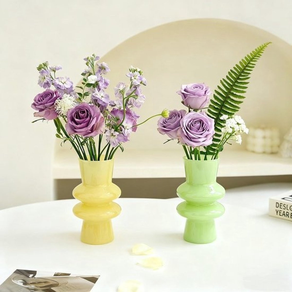 JSPYFITS Moderne glazen vaas met bubbelbloemen, Melkgeel, Hoogte: 20 cm