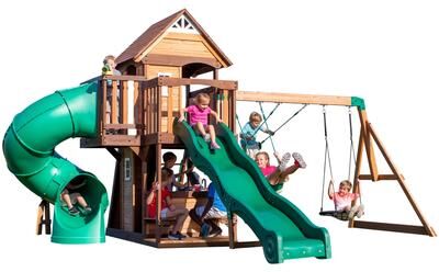"Backyard Discovery Cedar Cove Cedar Wood Swing Set, Slides, Clubhouse - 18'4"" x 15'3"""