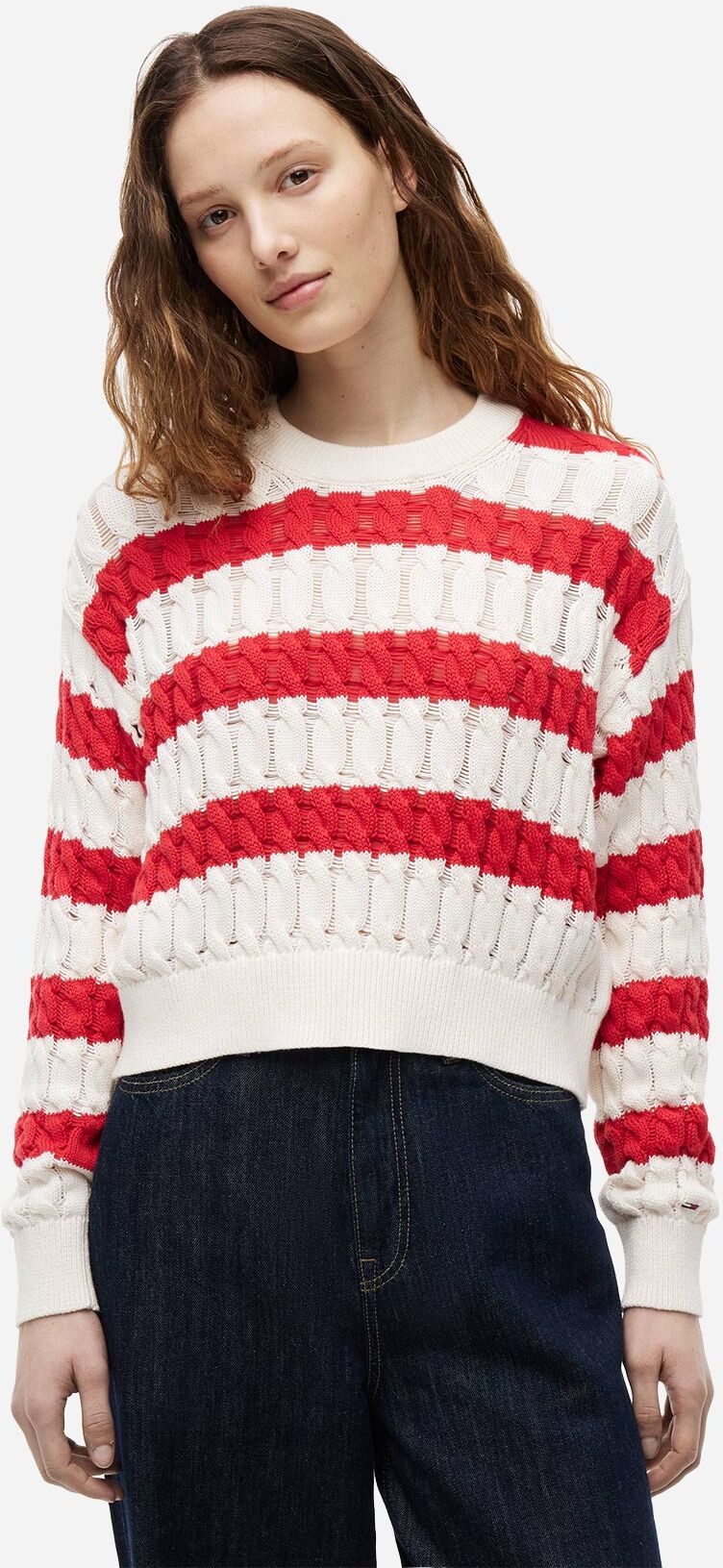 Tommy Hilfiger Loose Cable Stripe W - Maglione - Donna - Bianco XS