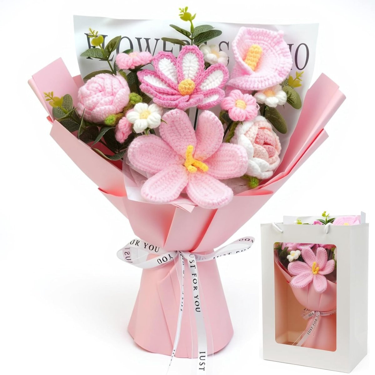 SnelShoppen Handgemaakt Gebreid Rozen Boeket - Multicolor Kunstbloemen Arrangement
