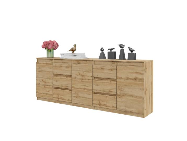 Commode MIKEL Chêne Wotan - Grande Commode avec 6 Tiroirs et 3 Portes\, Ensemble Buffet L200 x H75 x P35 cm