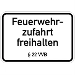 Schild Feuerwehrzufahrt freihalten § 22 VVB, Alu, 500x350 mm