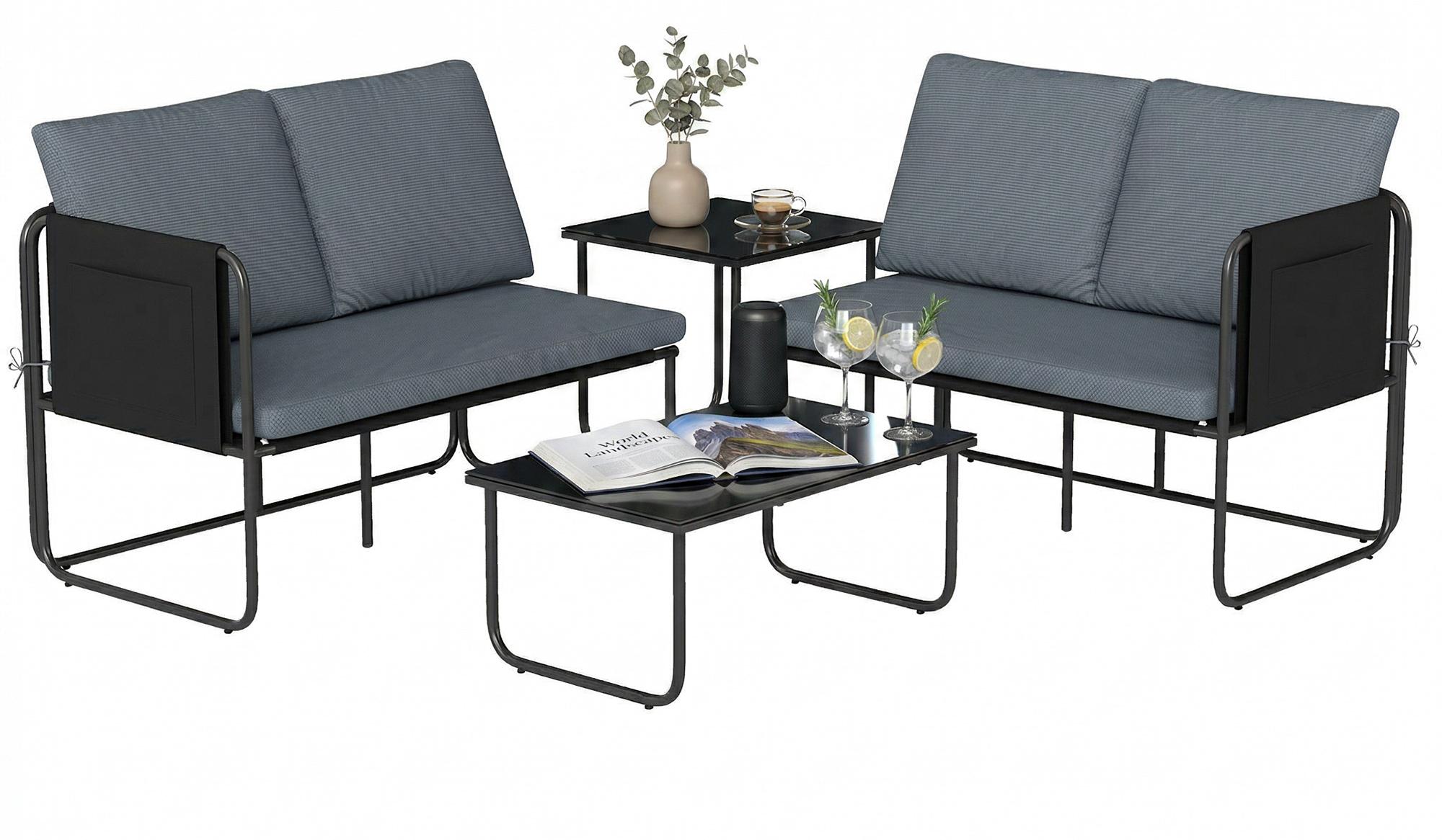 4-teiliges Gartenm?belset bestehend aus 2 Zweisitzer-Sofas, 2 Glastischen, Kissen, abnehmbaren Bezš¹gen und Taschen, grau