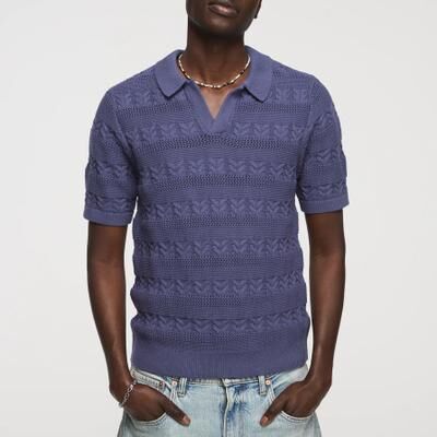 Lucky Brand All Over Texture Johnny Collar Sweater -Men's Clothing Tops Sweaters in Blue Indigo, Size L