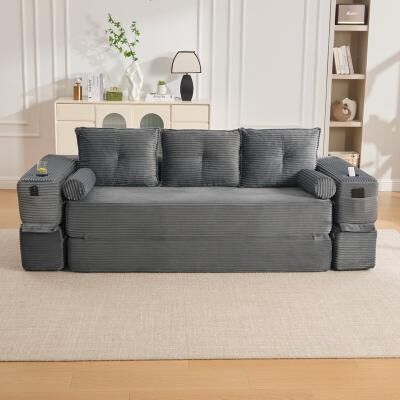 HOMEFUN Corduroy Upholstered 2-3 Seats Thick Back Support Convertible Sofa Bed With Minimalist Design