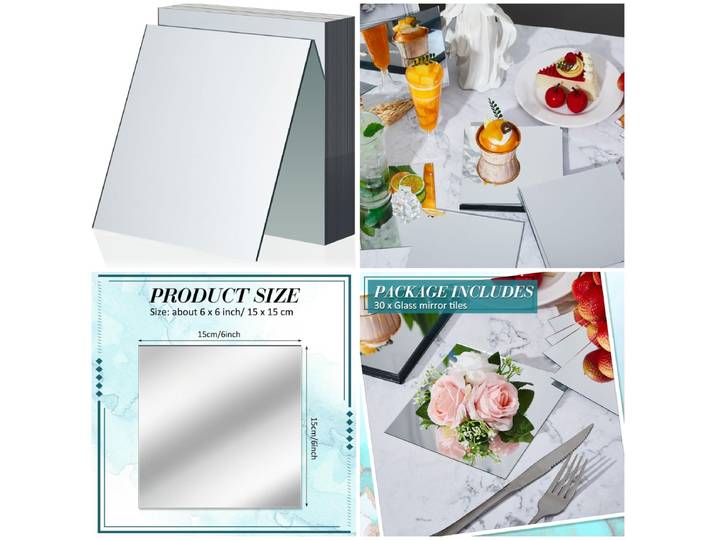 Carreaux de miroir carrés en verre de 6 pouces, 30 pièces, fournitures artisanales en mosaïque pour bricolage, décoration de plafond de Table murale