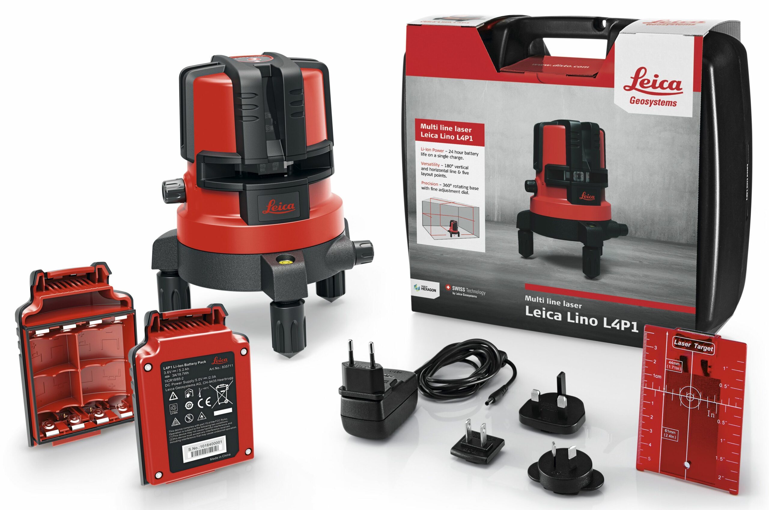 Leica Lino L4P1, 15 m, 0,2 mm/m, 3°, Rot, 635 Nm (< 5 mW), Bezugs-/Punktpegel