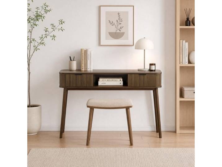 Console d'entrée style mid-century EVRYAE 120 cm 2 tiroirs et rangement ouvert bois aspect noyer