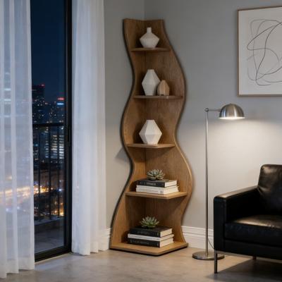 PARISLOFT "5-Tier Tall Bookshelf with Wavy Design, 69.88"" Corner Shelf - 19.68"" x 18.9"" x 69.88"""
