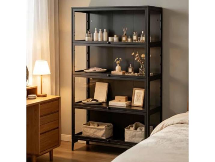 Gavoir Vitrine Schwarz Metall Glas 4-Lagen 32x78x165cm Vitrinenschrank Wohnzimmer Küche Küchenschrank Glasvitrine Stehend Sammlervitrine Stehend