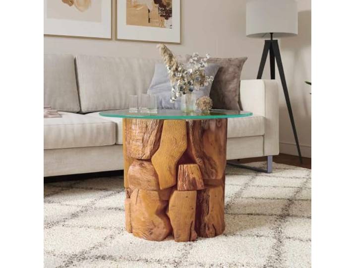 HEFZGDB Couchtisch Massivholz Teak Treibholz 60 cm mit rustikalem Charme und Stabiler Hartglasplatte, einzigartiges Unikat für Moderne und Klassische Einrichtungen als Beistelltisch,