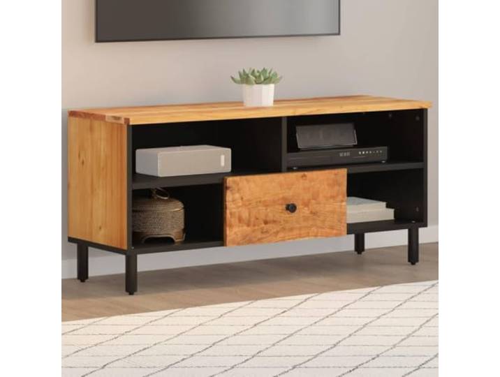 HEFZGDB TV-Schrank 100x33x46 cm Massivholz Akazie mit Eisenbeinen, robuster Fernsehschrank mit großem Stauraum und Stabiler Oberplatte für Wohnzimmer, modernes TV-Möbel