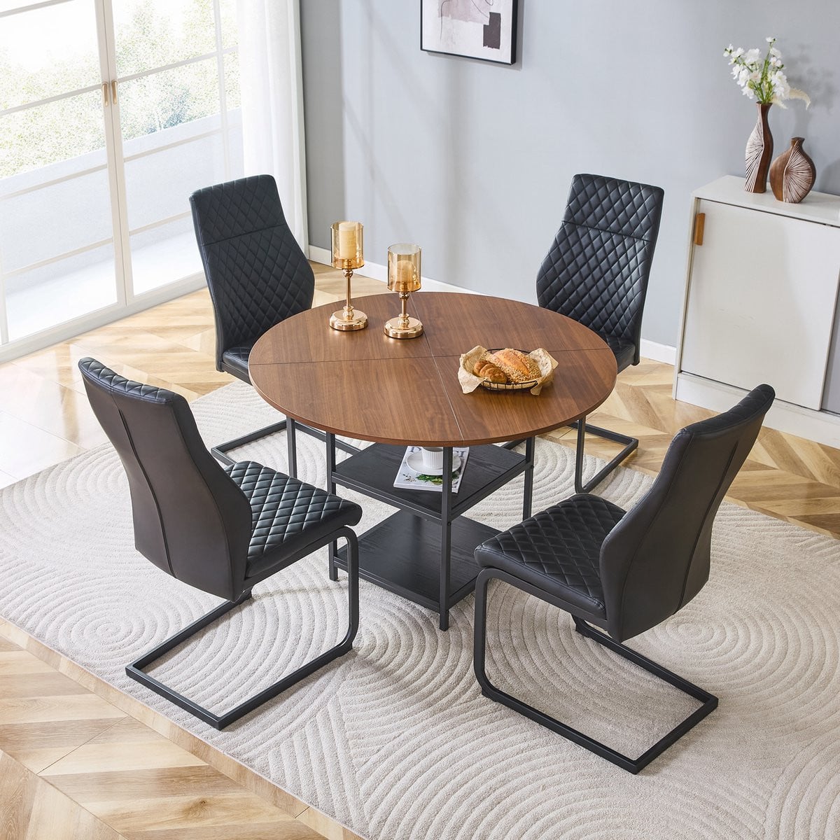 MIVRAY Eethoekset met ronde eettafel en 4 stoelen, zwart MDF, diameter: 107 cm