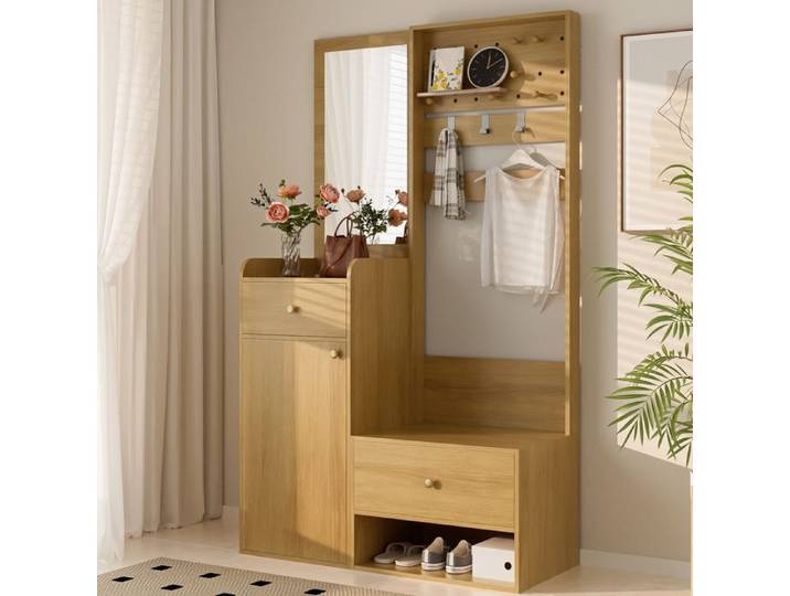 Meuble D'Entrée Avec Miroir Marron Vestiaire Multifonction FloraGrace Pour Entrée A Monter Soi-Même 105x38x180cm