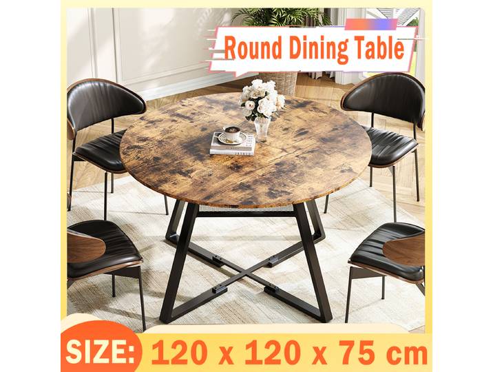 Creahappy Table de salle à manger ronde 4 places, 120 cm, style rustique avec base en métal, adaptée aux cuisines, salons et espaces de salle à manger