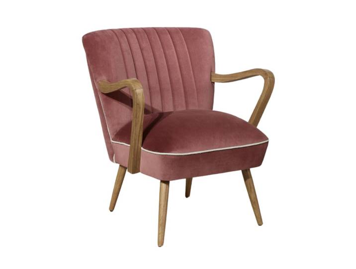 Fauteuil style scandinave en hévéa et velours griotte
