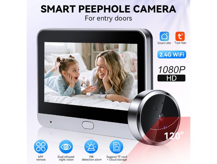 Caméra de porte intelligente WiFi Tuya 4,3 pouces, 1080P HD, vision nocturne, détection de mouvement, sonnette vidéo, moniteur de sécurité domestique