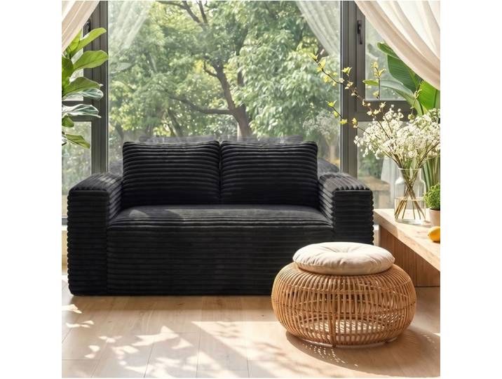 Canape 2 Places Noir En Velours Cotele Canape Compresse Moderne FloraGrace Pour Salon Chambre Bureau Sans Montage 160x88x58cm