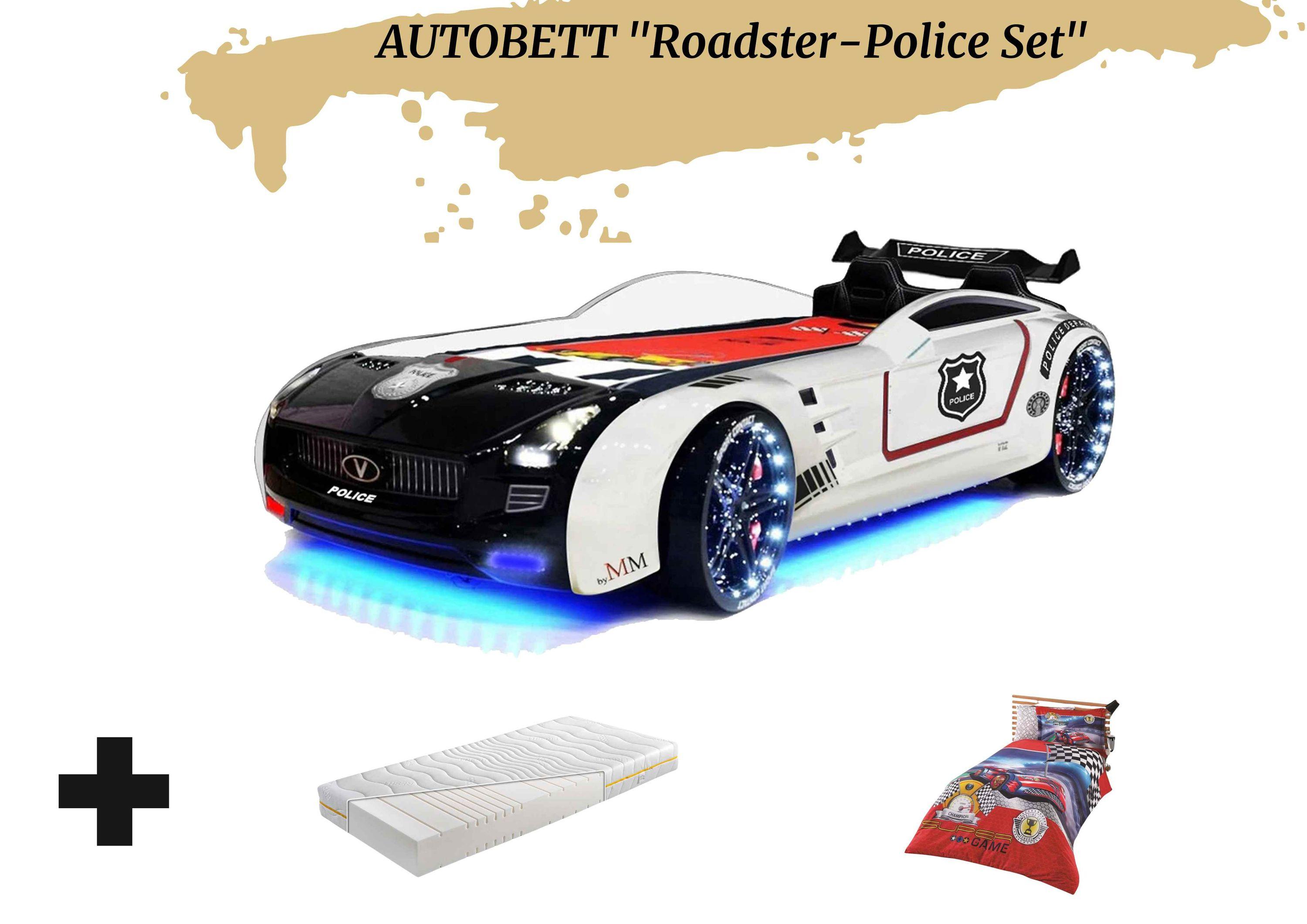 Autobett Kinderbett "Roadster Police" LED Sound Sportsitze Lattenrost Spoiler 90x190 cm inkl. Matratze und Bettwäsche