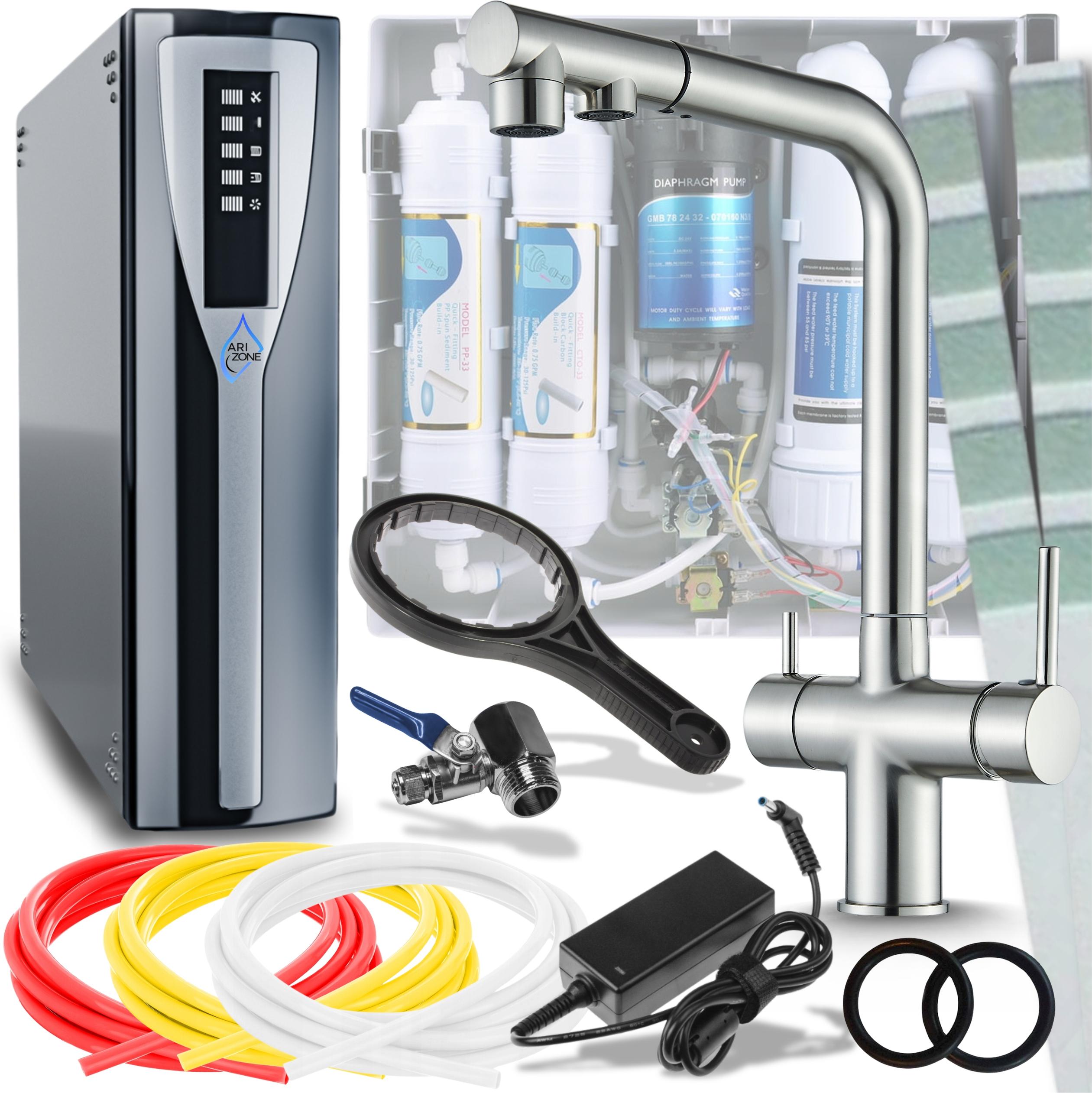 Ari Venom 2 3-Wege Küchenarmatur INOX Ausziehbar 360° mit RO Pad Umkehrosmose Wasserfilter Untertisch Nanofiltration