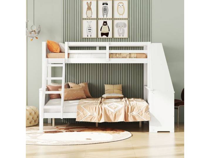 Lit superposé enfant en pin massif et MDF avec bureau bibliothèque et rangements blanc