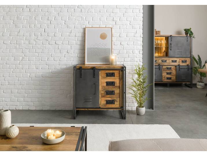 Commode en bois de Manguier 90x45x90 laqué naturel / métal gris BLACKBURN #308