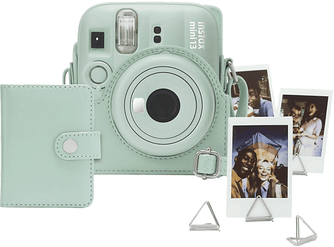 REACONDICIONADO Seminuevo Excelente Kit cámara instantánea - Fujifilm Instax Mini 13, Funda cuero sintético + Álbum de fotos Clips, Verde laguna
