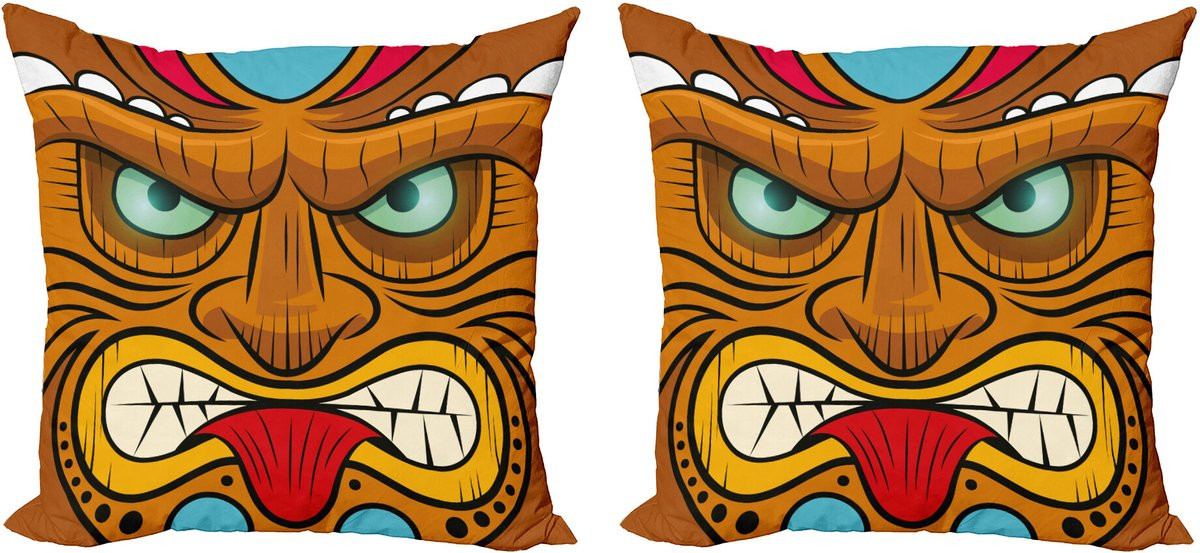ABAKUHAUS Tiki Bar Sierkussenhoes Set van 2, Verärgertes Gesicht Totem, Modern Accent Dubbelzijdige Digitale Print, 45 x 45 cm, Meerkleurig