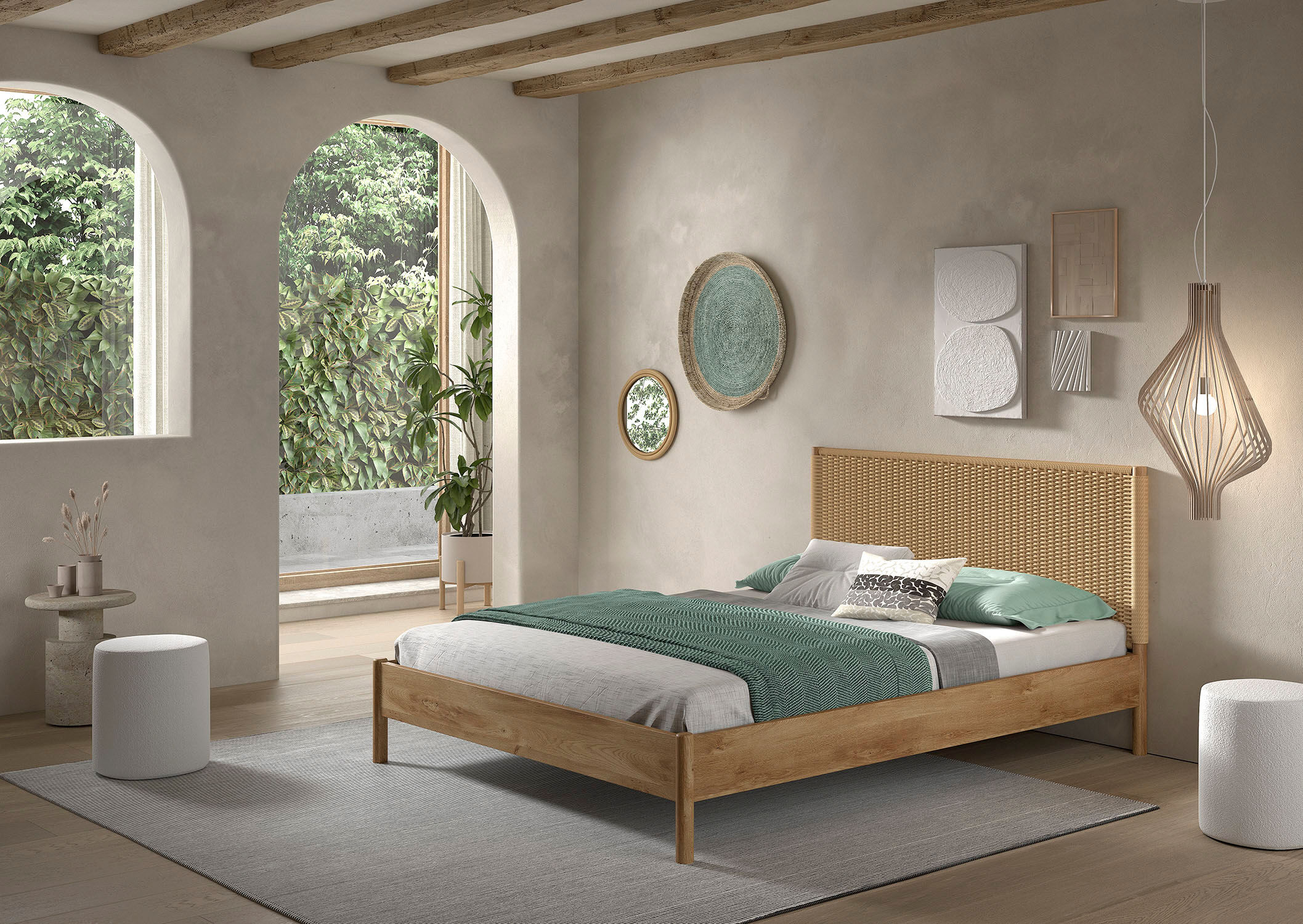 Bettgestell VIPACK "Olive-M in zeitlosem Design, mit trendigem Kopfteil in Seilgeflecht", braun (eiche natur, natur, eiche natur), B:168,5cm H:100cm L:208,5cm, Betten, Bettgestell, mit höhenverstellbarer Rahmenauflage, in 2 Breiten erhältlich eiche natur,
