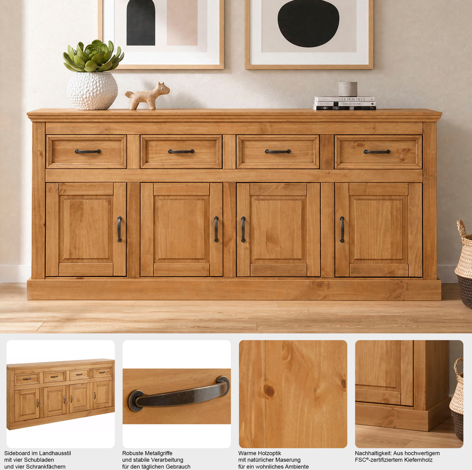 Sideboard GOODPRODUCT "Selma", grau (grau, beize), B:192cm H:87cm T:38cm, Sideboards, Sideboard, Kommode mit 4 Türen und 4 Schubkästen grau, beize B/H/T: 192cm x 87cm x 38cm