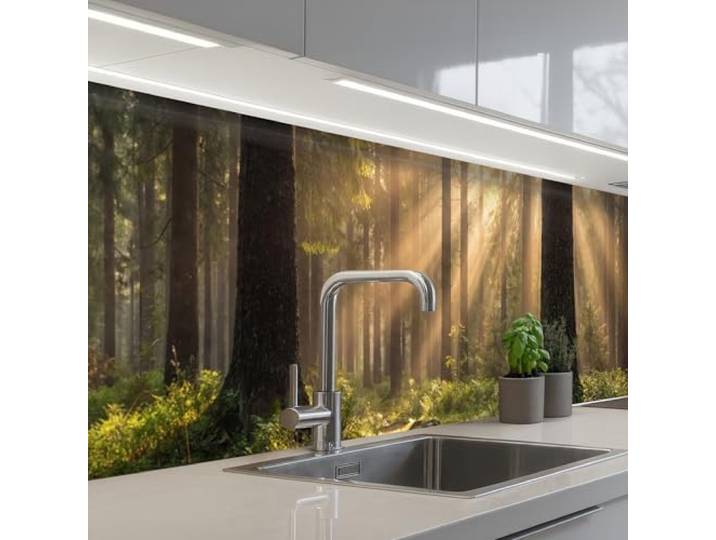 KitchenYeah© Spritzschutz Küche Küchen Rückwand Küchendeko Wand Wandschutz 80x400 cm - Selbstklebend Backsplash Kitchen Peel And Stick Wald - Sonnenlicht - Gras