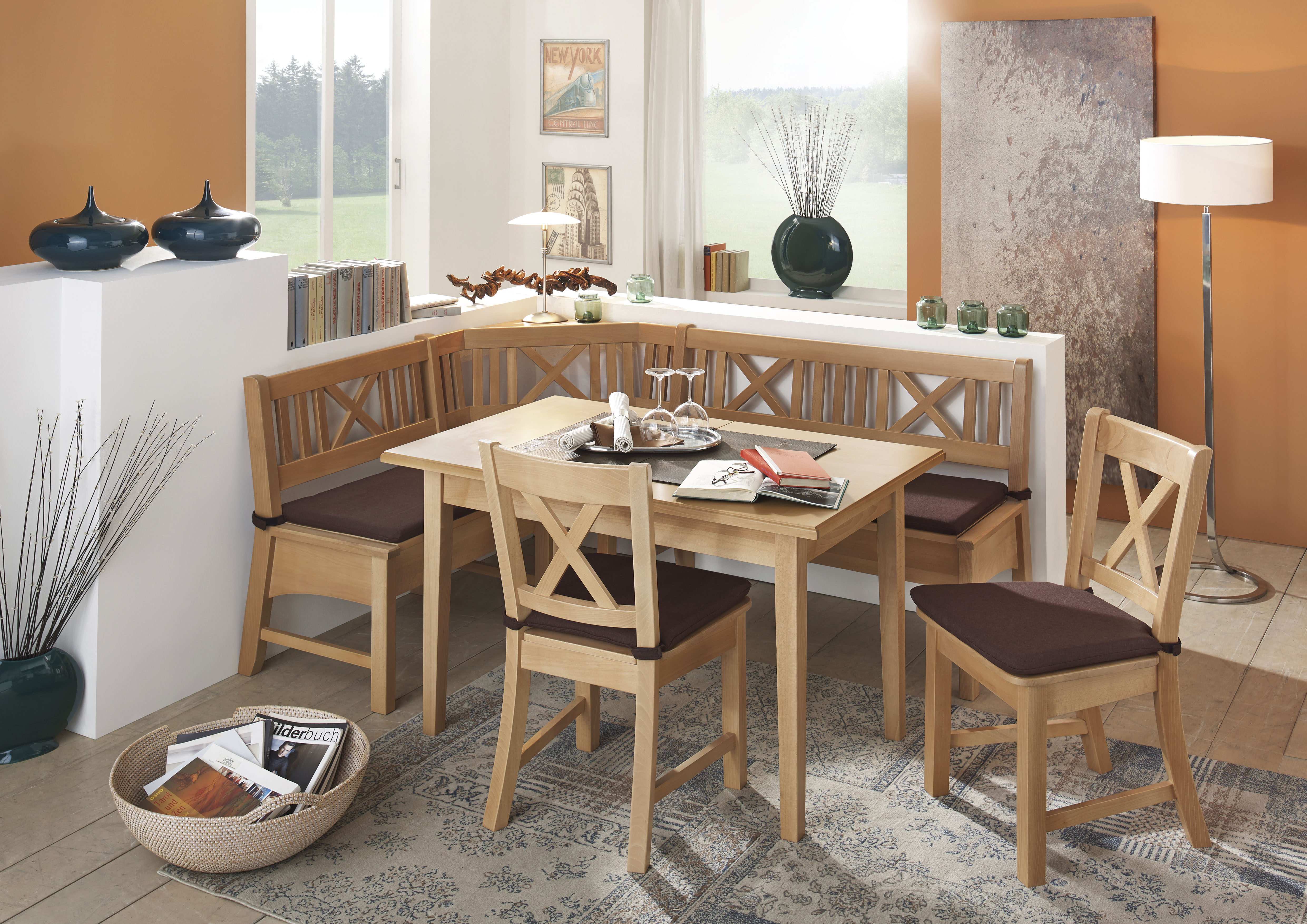 Eckbankgruppe MASSIVLINE & MORE "Bodensee", braun (buche massiv natur lackiert, buche massiv natur lackiert, buche massiv natur lackiert), B:137,18cm H:87cm T:52cm, Holz teilmassiv, Sitzmöbel-Sets, Eckbankgruppe buche massiv natur lackiert, buche massiv n