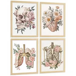 POSTER Set aus 4 Anatomie Mensch Florale Drucke und mit Schädel Herz Lungen und Skelett Botanische Aquarell Illustration dekoration Größe Rahmenlos A4