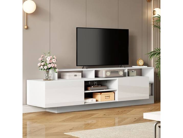 Meuble TV moderne avec rangements ouverts écran LED meuble TV indépendant brillant blanc