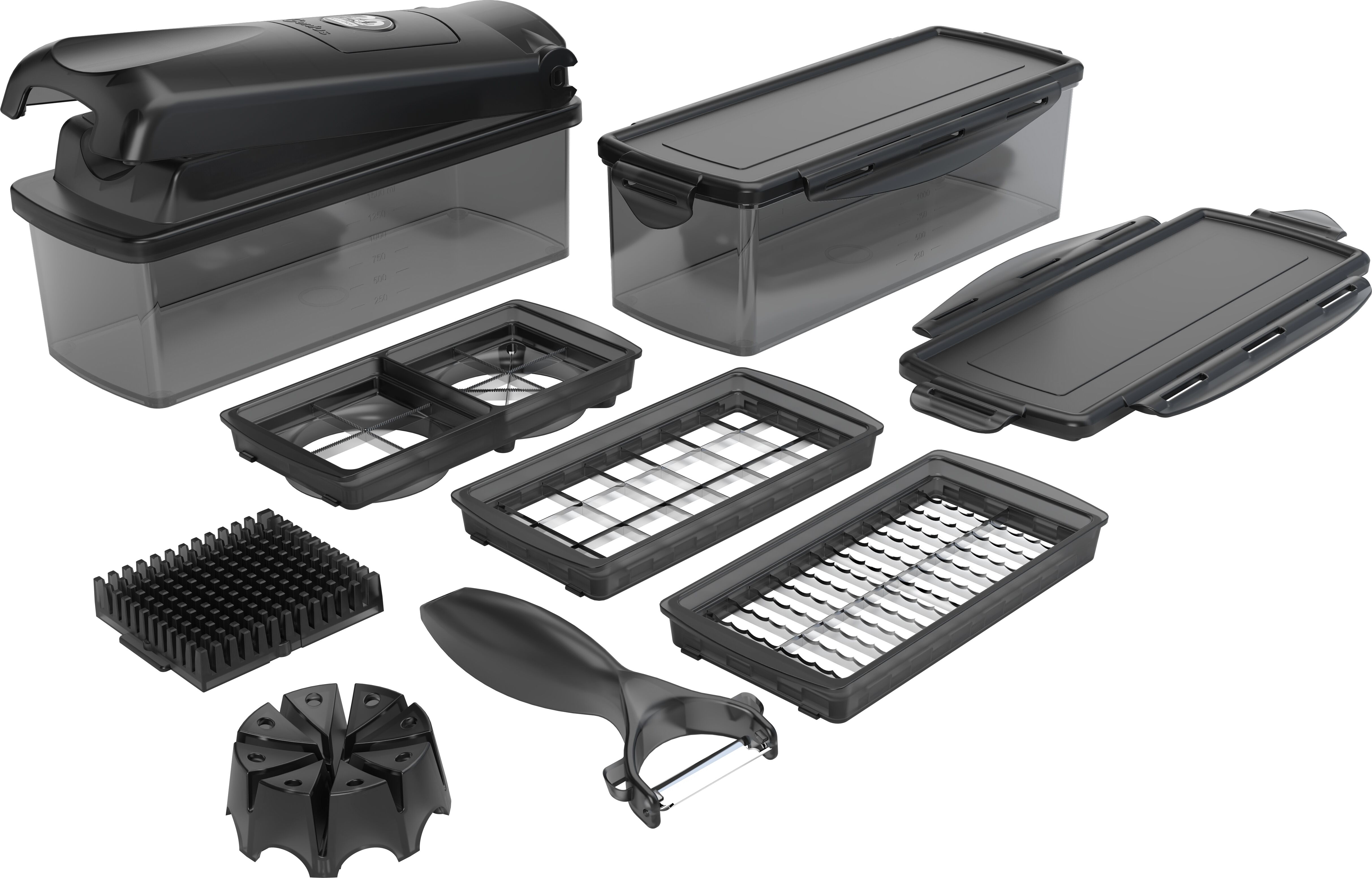 Gemüseschneider GENIUS "Nicer Dicer Plus Jubiläums-Edition, Set 13-tlg.", schwarz, B:14cm H:28,5cm T:13,5cm, Zerkleinerer, Gemüseschneider, Zerkleiner mit XXL- Messereinsätze