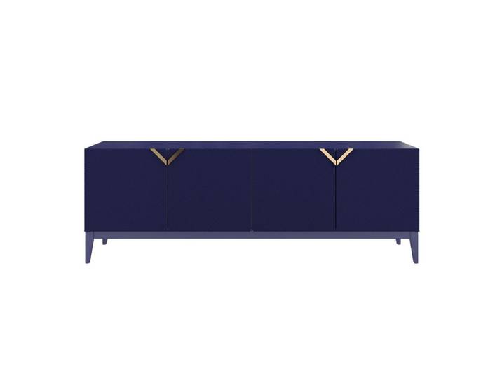 Visby Sideboard Demi Long, Marinblau-Gold, Mit Gefrästen Fronten, Massive Buche, Dunkelblau, Buchenholz, 201.5x70x42 cm, Kleinmöbel, Kommoden, Sideboards