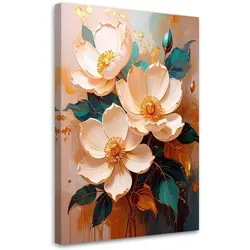 WANDBILD, Cremefarbene Blumen mit türkisfarbenen Blättern auf einem warmen Hintergrund