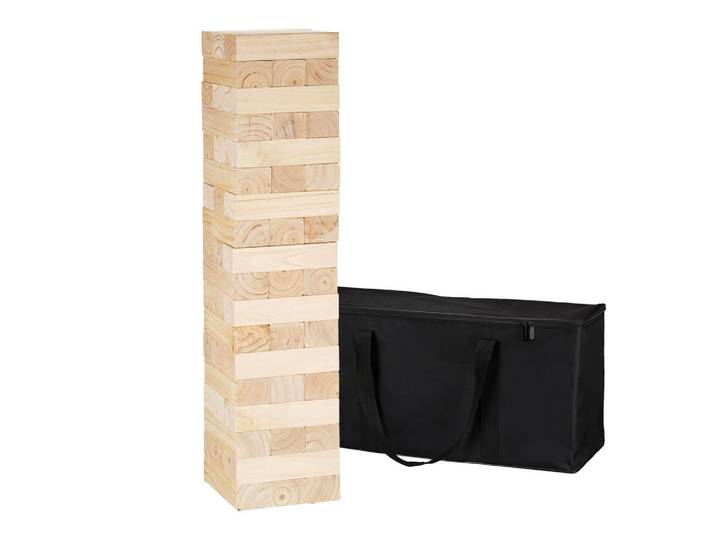 Relaxdays Wackelturm Natur Schwarz Birkenholz 54-teilig mit Tasche, Hellbraun, Holz, Textil, 21x21 cm, Spielzeug, Lernspiele