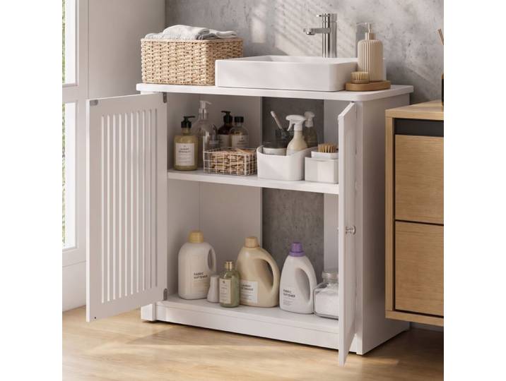 Meuble sous lavabo sur pied blanc à portes persiennées