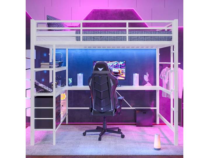 Lit mezzanine - GUTENT - 140x200cm - Blanc - 3 tiroirs - Éclairage LED intégré