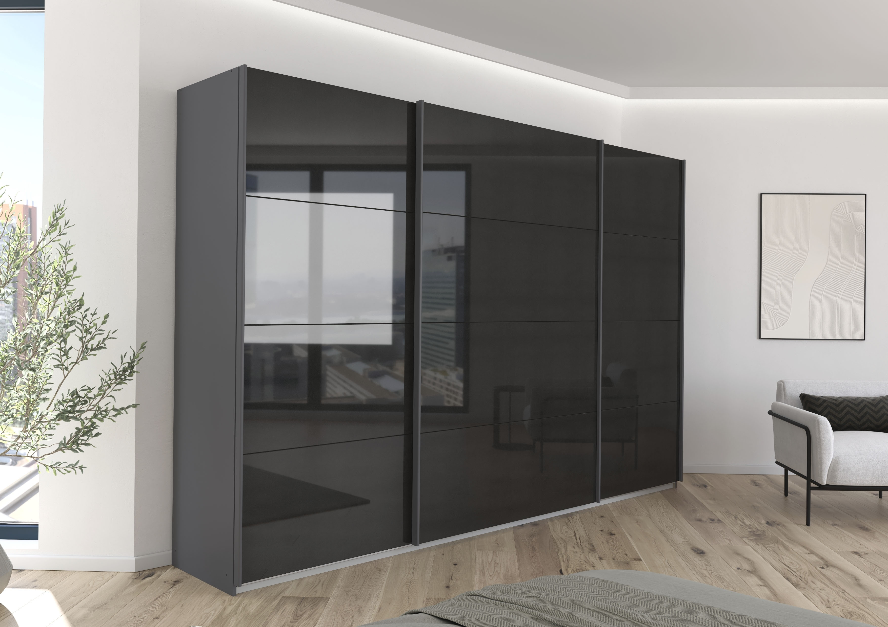 Schwebetürenschrank GOODPRODUCT "Kleiderschrank Schrank Garderobe AGORDO mit Dekor- oder Hochglanzfront", grau (graumetallic, hochglanz effektgrau, griffleisten graumetallic), B:315cm H:210cm T:62cm, Holzwerkstoff, Schränke, Schwebetürenschrank, in 4 Brei
