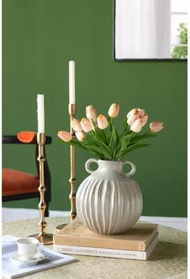 Kodotan sofa "9x9x10"" Decorative Round Ceramic Flower Vase with Small Handles and Textured Motif, Gold"
