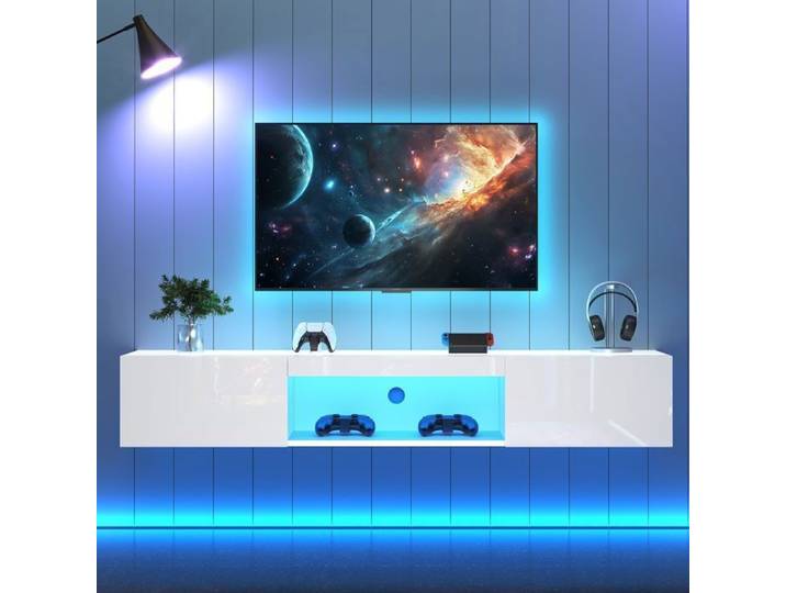 Meuble TV Mural pour Centre de Divertissement avec Lumières LED 160cm Banc TV Suspendu avec Gestion des Câbles Blanc
