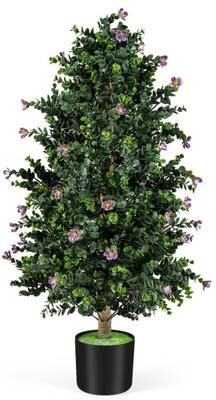 Costway 2 Pack Artificial Topiary Cone Tree Faux Potted Shrub Plant with 49 Flowers-purple