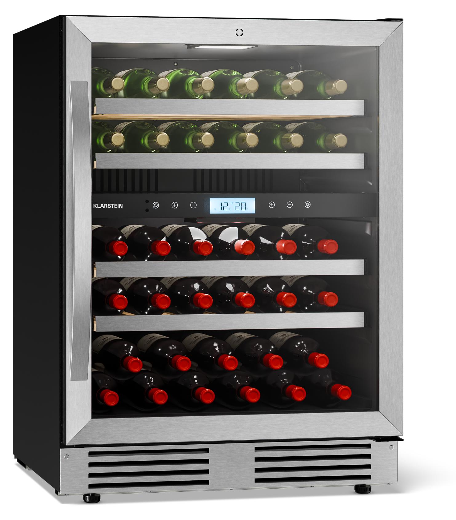 Klarstein VeroSteel Unterbau-Weinkühlschrank - Zweizonen-Weinkühlschrank für 43 Flaschen, UV-Glastür, Touch-Bedienfeld, ausziehbare, leicht zugängliche Holzregale