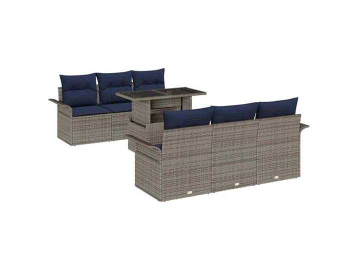 PUGYNBK Sitzgruppe aus synthetischem Rattan, 7-teilig, grau Modul, höhenverstellbarer Tisch mit abnehmbaren Kissen, Stahlrahmen, Akazienholz