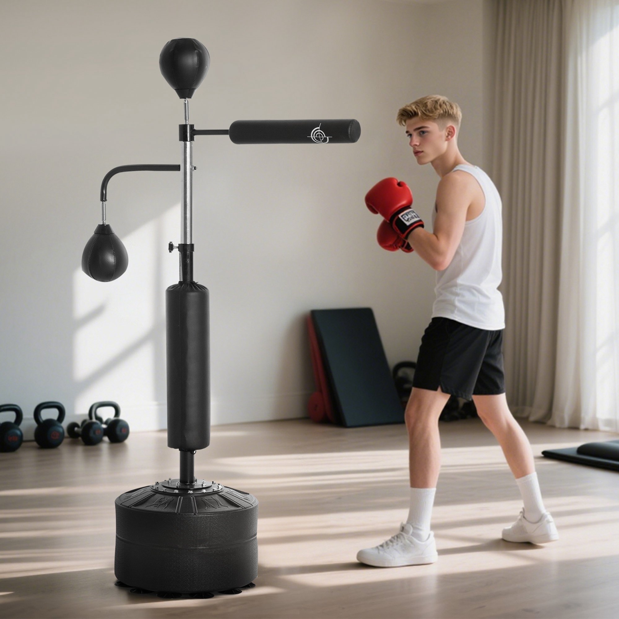 Homcom Sacco Boxe da Terra 3 in 1 con 2 Speedball, Barra Girevole e Sacco, Altezza Regolabile da 160-230cm, Nero Aosom