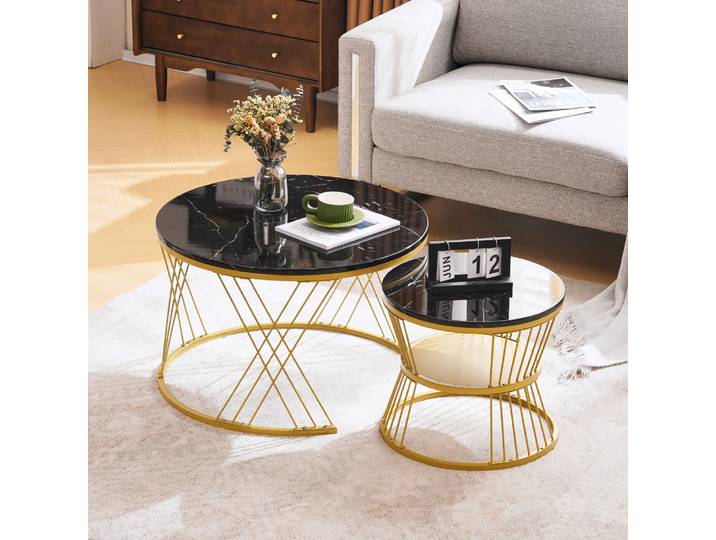 Table basse gigogne moderne, ensemble de table basse brillante, nid d'appoint de canapé meuble en marbre, tables d'appoint rondes, ensemble de 2