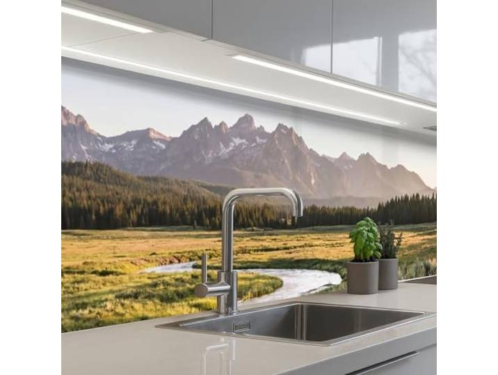 KitchenYeah© Spritzschutz Küche Küchen Rückwand Küchendeko Wand Wandschutz 80x400 cm - Selbstklebend Backsplash Kitchen Peel And Stick Berglandschaften - Fluss - Wald