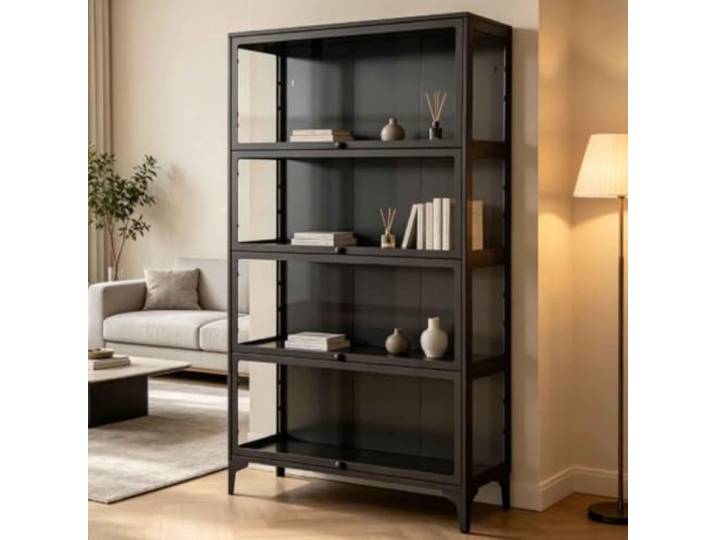 Gavoir Vitrine Schwarz Metall Glas 4-Lagen 32x78x165cm Vitrinenschrank Wohnzimmer Küche Küchenschrank Glasvitrine Stehend Sammlervitrine Stehend